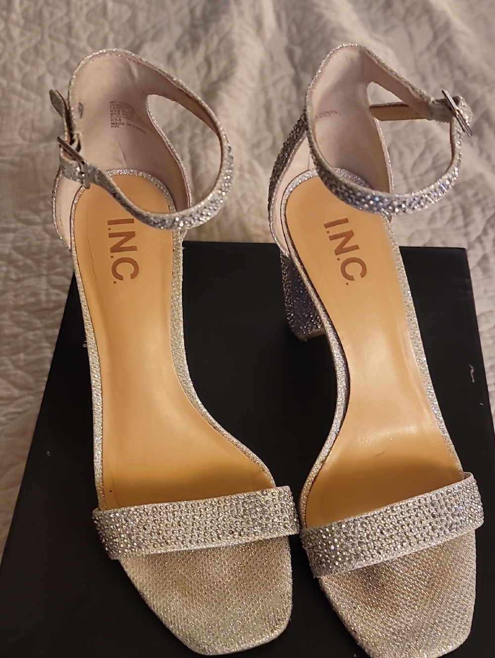 INC International Concepts Silver Rhinestone Block Heel Sandals